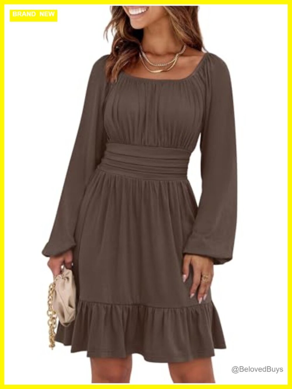 Women Long Lantern Sleeve Square Neck Midi Dress Ruched Bust Smocked Waist
